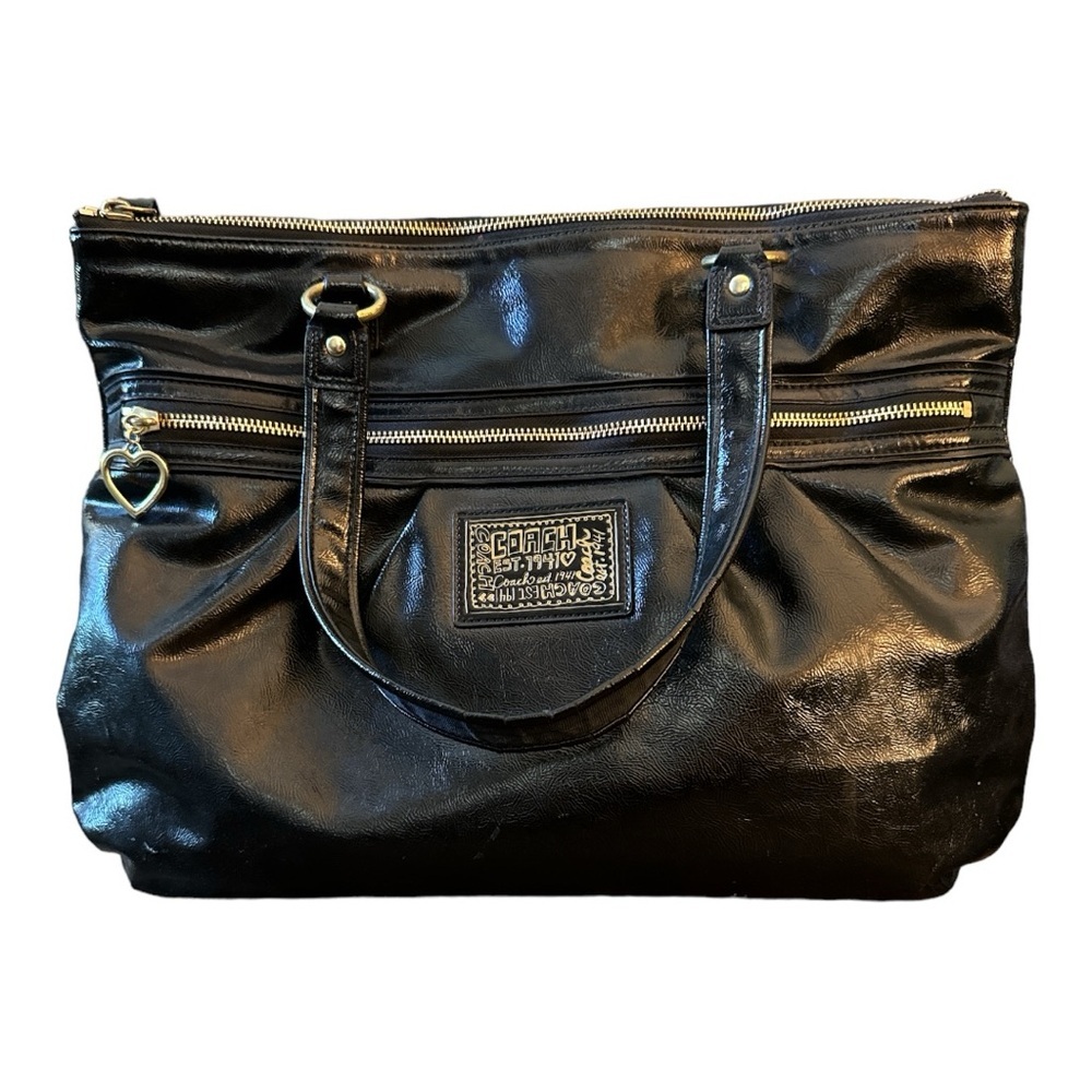 Coach Poppy Daisy Black Liquid Gloss Patent Leather Tote Shoulder Bag Handbag